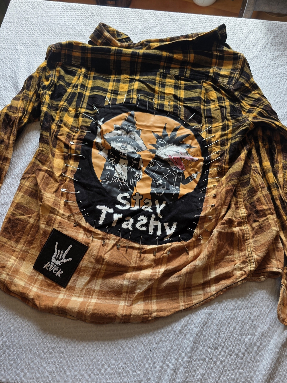 Yellow and Black Plaid Button-Down with Punk Graphic Back Xl